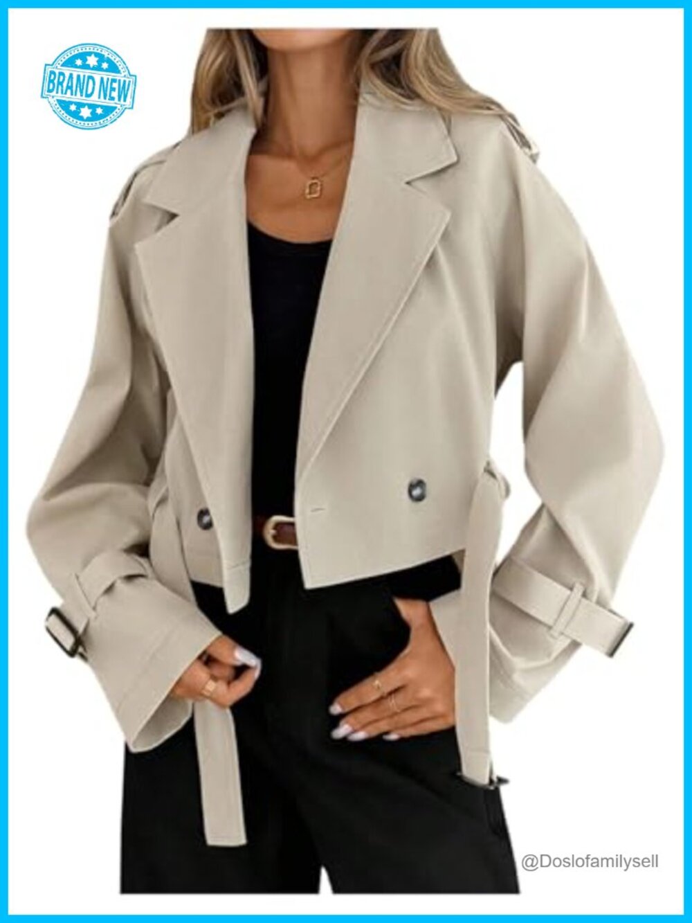 Cropped Trench Coat Long Sleeve Belted Business Casual Work Jacket